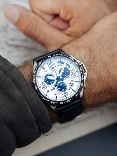 AVI-8 P-51 Mustang Blakeslee Men's Chronograph Pilot Watch – Japanese Meca-Quartz Movement, 43mm Stainless Steel Case, Leather Strap, AV-4077-01