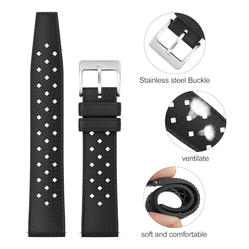 TACTICAL FROG FKM Rubber Watch Strap Fast-Release Tropical Fluororubber 20mm Rubber Watch Band, Soft Breathable Universal Replacement for Men Women Stainless Steel Buckle