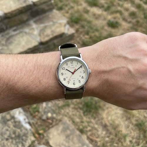 Timex Unisex Weekender 38mm Watch – Silver-Tone Case Cream Dial with Olive Fabric Slip-Thru Strap