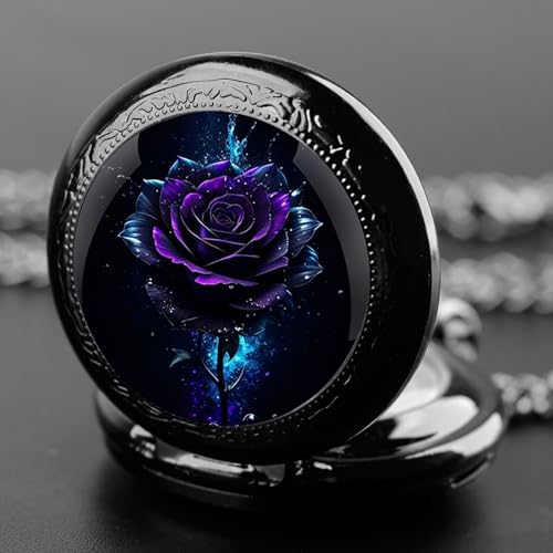YIHAOYH Vintage Pocket Watch for Women Men Graphic Design Quartz Pocket Watches with Chain Pendant Christmas Birthday Gift with Box (Purple Rose)