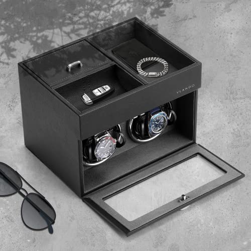 VLANDO Automatic Double Watch Winder for Men - Watch Winder Box with Jewelry Organizer Tray for Father Husband Dad, Japanese Quiet Motor, LED Light, Adjustable Watch Pillows - Black