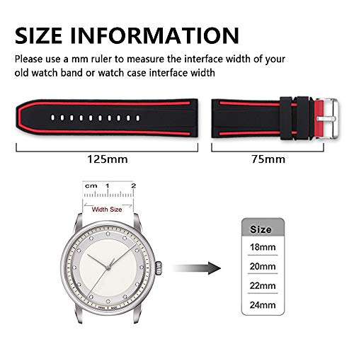 Narako Silicone Watch Bands Divers Model Replacement Rubber Watch Strap 20mm 22mm 24mm 26mm Waterproof Line Bicolor Silver Buckle for Men and Women Sport (22mm, Red)