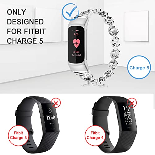 Wearlizer Compatible with Fitbit Charge 5 Bands, Adjustable Premium Metal Straps Bling Bracelet Dressy Wristbands Cute Accessories Replacement for Charge 5 Bands for Women, Silver