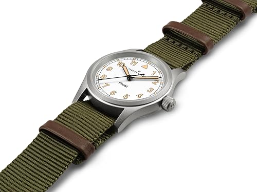 Hamilton Khaki Field Khaki Quartz Women's Watch, 33mm Stainless Steel Case, Swiss Made, White Dial Analog Wrist Watch for Women, 50m Waterproof, Sapphire Crystal, Textile Strap