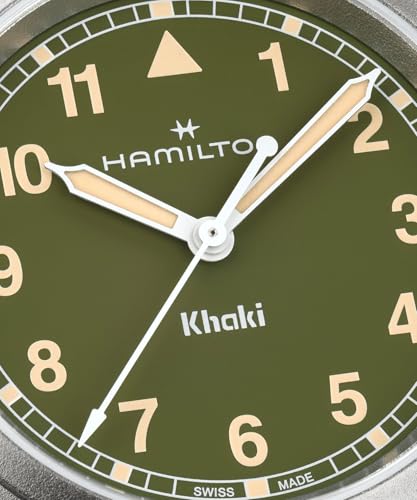 Hamilton Khaki Field Khaki Quartz Men's Watch, 33mm Stainless Steel Case, Swiss Made, Green Dial Analog Wrist Watch for Men, 50m Waterproof, Sapphire Crystal, Textile Strap
