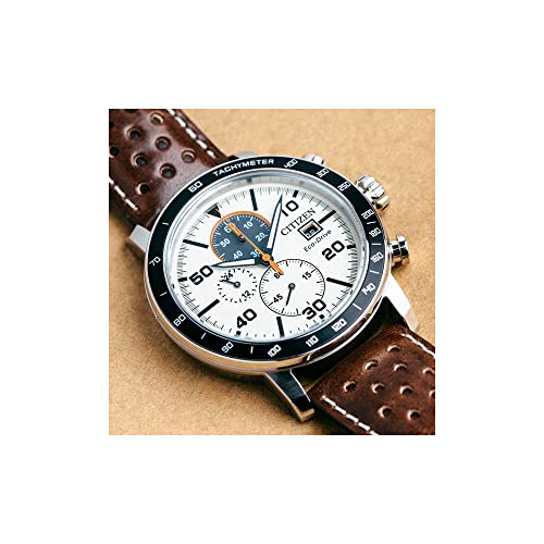 Citizen Men's Eco-Drive Weekender Brycen Chronograph Watch in Stainless Steel, Brown Leather Strap, Ivory Dial (Model: CA0649-06X)