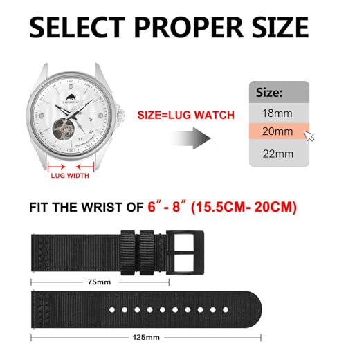 BISONSTRAP Men’s Nylon Watch Bands, Two-Piece Military Watch Straps, Quick Release, Brushed Buckle, 20mm, Black (Black Buckle)