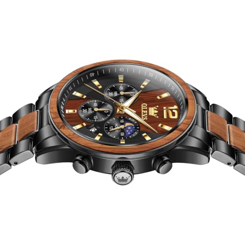 OLEVS Men Watch Analog Quartz Wood Wirst Watches Luxury Dress Chronograph Stainless Steel Waterproof Luminous Watches Men Gift