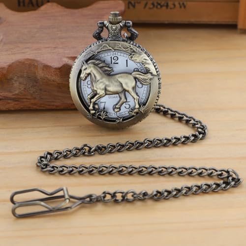 Realpoo Bronze Hollowed Out Horse Quartz Men's Pocket Watch, Arabic Numeral Dial with Chain Pocket Watch for Men