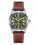 Hamilton Khaki Field Automatic Mens Watch, 42mm Stainless Steel Case, Swiss Made, Green Dial Analog Wrist Watch for Mens 100 Meters Water resitance, Sapphire Crystal, 3-Hand Movement, Leather Strap