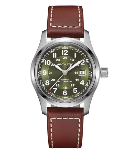 Hamilton Khaki Field Automatic Mens Watch, 42mm Stainless Steel Case, Swiss Made, Green Dial Analog Wrist Watch for Mens 100 Meters Water resitance, Sapphire Crystal, 3-Hand Movement, Leather Strap