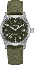 Hamilton Khaki Field Mechanical Men's Watch, 38mm Stainless Steel Case, Swiss Made, Green Dial Analog Wrist Watch for Men, 50m Waterproof, Sapphire Crystal, Canvas Strap