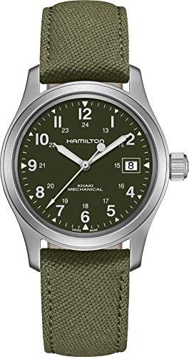 Hamilton Khaki Field Mechanical Men's Watch, 38mm Stainless Steel Case, Swiss Made, Green Dial Analog Wrist Watch for Men, 50m Waterproof, Sapphire Crystal, Canvas Strap