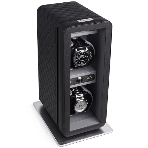 Heiden Monaco Double Watch Winder in Black Leather - Battery Powered or AC Adapter, 12 Program Settings, Diamond Stitched Vegan Leather, Soft Linen Interior, Large Interior Space for Large Watches
