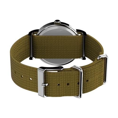 Timex Unisex Weekender 38mm Watch – Silver-Tone Case White Dial with Olive Fabric Slip-Thru Strap