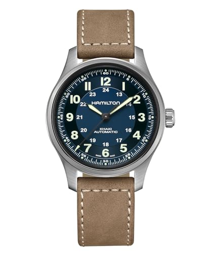 Hamilton Khaki Field Titanium Automatic Men's Watch, 42mm Titanium Case, Swiss Made, Blue Dial Analog Wrist Watch for Men, 100m Waterproof, Sapphire Crystal, 3-Hand Movement, Cow Leather Strap