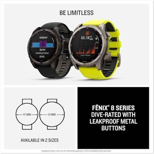 Garmin fēnix® 8 – 47 mm,Solar,Sapphire,Premium Multisport GPS Smartwatch, Long-Lasting Battery Life,Dive-Rated, Built-in LED Flashlight, Carbon Gray DLC Titanium Bezel Black/Pebble Gray Silicone Band