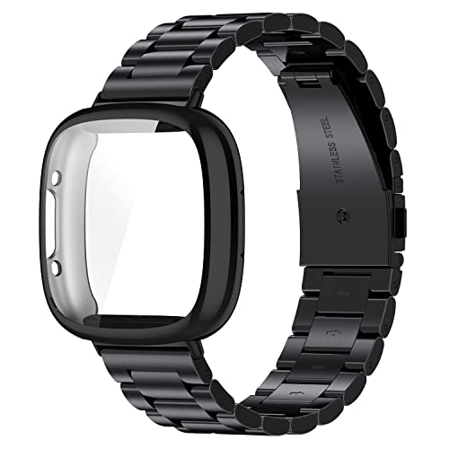ZPJPPLX for Fitbit Versa 4 Metal Watch Band with Soft TPU Case,Compatible with Fitbit Sense 2 Stainless Steel Strap and Screen Protection Case for Men Women,Black