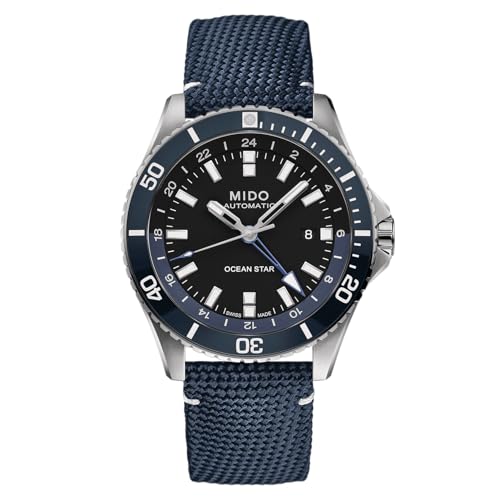 MIDO Ocean Star GMT - Swiss Automatic Watch for Men - 44mm Stainless Steel Case with Black Ceramic Rotating Bezel - Black Dial - Blue Fabric Strap - M0266291705100