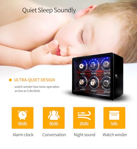 Oryx 6 Watch Winders for Automatic Watches Wooden Rotating Watch Box 15 Rotation Modes Setting Display Case with LED Light, AC or USB Powered Super Quiet Mabuchi Motor