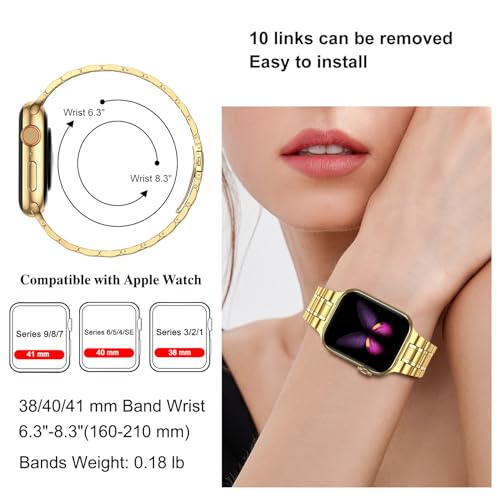 MioHHR Solid Stainless Steel Band Compatible with Apple Watch 38mm(Series 3/2/1) 40mm(Series SE/6/5/4) 41mm(Series 9/8/7) Metal Strap with Soft TPU Case for iWatch Bands for Women and Men, Gold