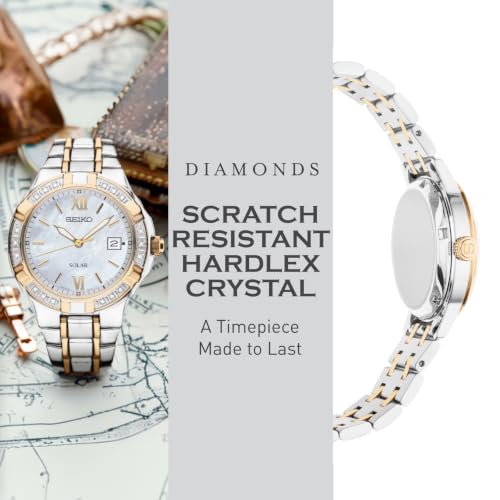 SEIKO SUT068 Watch for Women - Diamond Collection - with 18 Diamond Accents, Solar Power, Mother-of-Pearl Dial, Two-Tone Gold Stainless Steel Case & Bracelet, and Water-Resistant to 50m