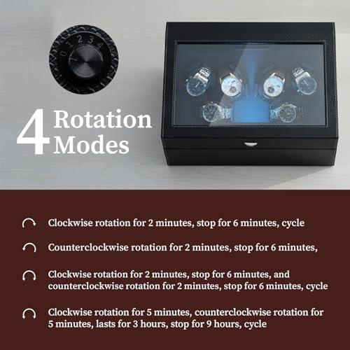Mcbazel Watch Winder for Automatic Watches, 6 Watch Winder + 6 Storage Case, Watches Winder Box with Super Quiet Motor, Blue LED Light, Memory Foam Pillows, Gift for Men & Women - Black