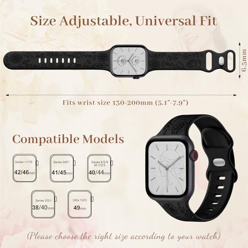 Easuny 8 Pack Bands for Women Compatible with Apple Watch 40mm 41mm 38mm 42mm 44mm 45mm 46mm 49mm iWatch Series 11 10 9 8 7 6 5 4 3 Ultra SE 3 SE 2nd, Soft Silicone Floral Engraved Dressy Wrist Straps