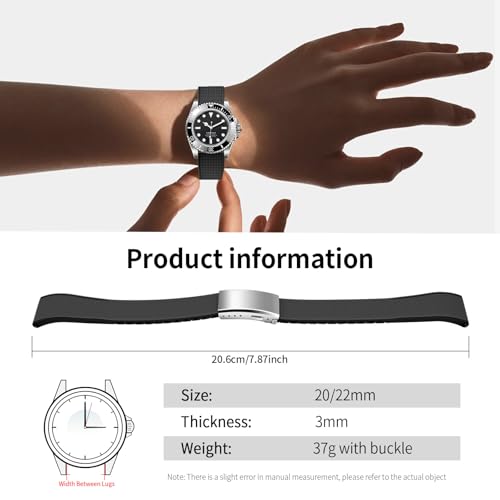 ULLCHRO FKM Rubber Watch Strap, Cut to Size Quick Release Fluororubber Watch Band Soft Replacement Watchband with Silver Milled Clasp for Men Women 18mm 19mm 20mm 21mm 22mm (20mm, Black