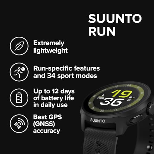 SUUNTO Run Running GPS Sports Watch with Silicone Strap, 1.32" AMOLED Touchscreen w/Crown Button, Wrist Heart-Rate & Sleep Health Tracking, Black