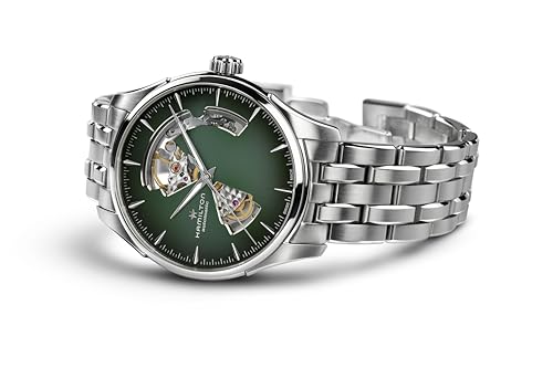 Hamilton Jazzmaster Open Heart Automatic Men's Watch, 40mm Stainless Steel Case, Swiss Made, Green Dial Analog Wrist Watch, 50m Waterproof, Sapphire Crystal, 3-Hand Movement, Stainless Steel Strap