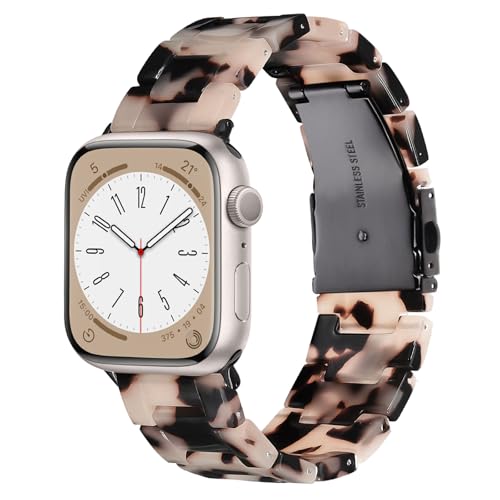 V.R.HOPE Resin Watch Band Compatible with Apple Watch Band for Women 38mm 40mm 41mm 42mm Tortoise Fashion Lightweight Bracelet Strap for iWatch Series 11/10/9/8/7/6/5/4/3/2/1/SE3 (Black Floral)