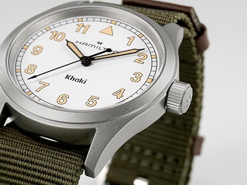 Hamilton Khaki Field Khaki Quartz Men's Watch, 38mm Stainless Steel Case, Swiss Made, White Dial Analog Wrist Watch for Men, 50m Waterproof, Sapphire Crystal, Textile Strap