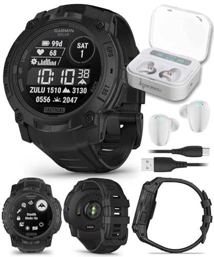 Wearable4U Garmin Instinct 3 Tactical Edition, Solar Charging Display, 50mm, Rugged Outdoor GPS Smartwatch, Applied Ballistics Support, LED Flashlight, Multi-Band GPS White Earbuds Bundle