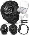 Wearable4U Garmin Instinct 3 Tactical Edition, Solar Charging Display, 50mm, Rugged Outdoor GPS Smartwatch, Applied Ballistics Support, LED Flashlight, Multi-Band GPS White Earbuds Bundle