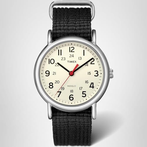 Timex Unisex Weekender 38mm Watch – Silver-Tone Case Cream Dial with Black Fabric Slip-Thru Strap