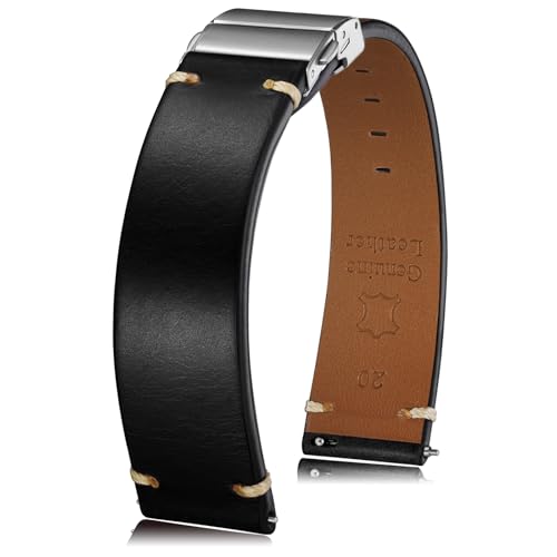 Getalia leather Watch Band Foldover Clasp Vegetable-Tanned Genuine Leather,18mm 19mm 20mm 21mm 22mm Quick Release Replacement Watch Straps for Men and Women (Black: Width-20mm)
