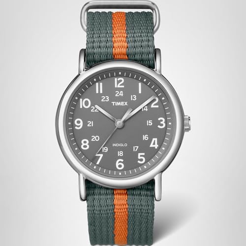 Timex Unisex Weekender 38mm Watch – Silver-Tone Case Gray Dial with Gray & Orange Fabric Slip-Thru Strap