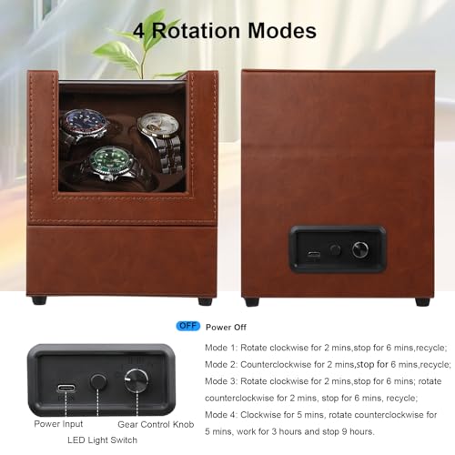 Anyasun Watch Winder for Automatic Watches,3 Watch Winder with LED Light and 4 Modes,Automatic Watch Winder Box with Super Quiet Motor,Watch Shark for Man and Women,USB Type C (Brown)