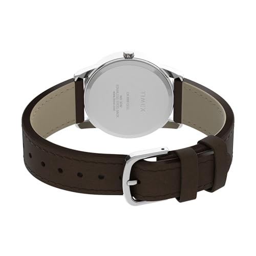 Timex Men's Easy Reader 35mm Day-Date Watch – Silver-Tone Case White Dial with Dark Brown Leather Strap