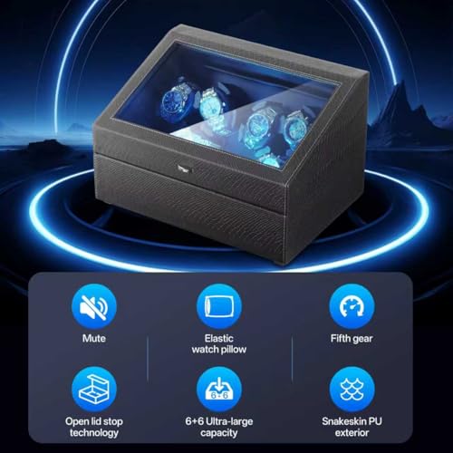 Isili Watch Winder for Automatic Watches, Luxury Watch Winders with LED Light, 6 Watch Winder + 6 Storage Case with Quiet Motor, Gift for Father's Day (PU Snakeskin)