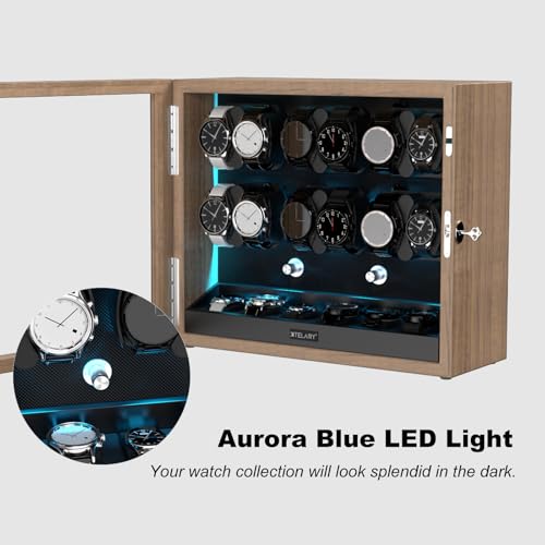 XTELARY Watch Winder for 12 Automatic Watches, Wood Color Lockable Automatic Winders with Extra 6 Watch Storages, 4 Rotation Modes, Flexible Watch Pillows, Quiet Mabuchi Motor, and Blue Backlight