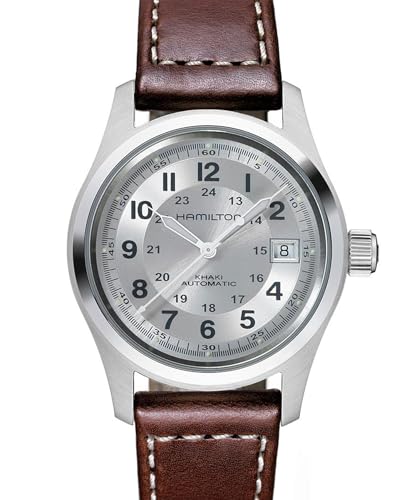 Hamilton Khaki Field Automatic Men's Watch, 38mm Stainless Steel Case, Swiss Made, Silver Dial Analog Wrist Watch for Men, 100m Waterproof, Sapphire Crystal, 3-Hand Movement, Cow Leather Strap