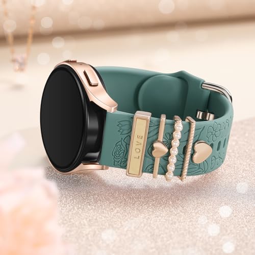 DaQin Flower Engraved Band Compatible with Samsung Galaxy Watch 7 Band/FE 6 5 4 40mm 44mm,Galaxy Active 2, 20mm Watch Band Soft Silicone Replacement Strap with Decorative Charms Accessories Women