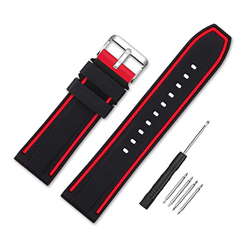 Narako Silicone Watch Bands Divers Model Replacement Rubber Watch Strap 20mm 22mm 24mm 26mm Waterproof Line Bicolor Silver Buckle for Men and Women Sport (22mm, Red)