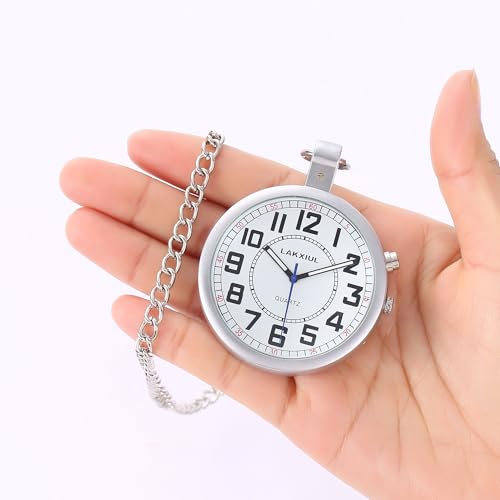 LAKXIUL Talking Pocket Watch with Magnifying Glass, Triple Alarms and Hourly Chime – Equipped with a Loud Speaker, Designed for Seniors and The Visually Impaired(Matte Silver)
