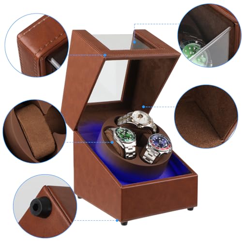 J&T Technology Watch Winder for Automatic Watches,Automatic Watch Winder with LED Light,Rotating Watch Case with Japanese Quiet Motor,4 Rotation Modes,USB Type C