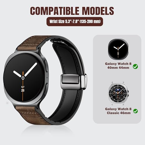 Charlam Magnetic Leather Bands Compatible with Galaxy Watch 8 Band 40mm 44mm,Galaxy Watch 8 Classic Band 46mm,Genuine Leather No Gap Replacement Straps for Samsung Watch 8 Bands Men Women,Black Coffee
