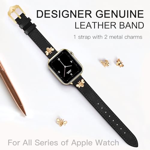 JR.DM Slim Leather Bands Compatible with Apple Watch Band 38mm 40mm 41mm 42mm 44mm 45mm 46mm 49mm, Genuine Leather Band with Charms, Feminine Design for Iwatch Ultra SE Series 11 10 9 8 7 6 5 4 3 2 1