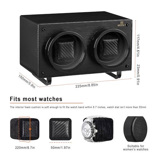 MOZSLY Double Watch Winder for Automatic Watches with Quiet Motor 12 Rotation Mode Setting AC Adapter or Battery Powered PU Leather Full Black